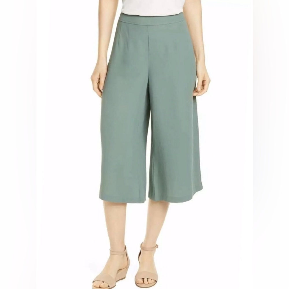 Eileen Fisher Silk Crepe Culotte Wide Leg Pants Green/Nori 8